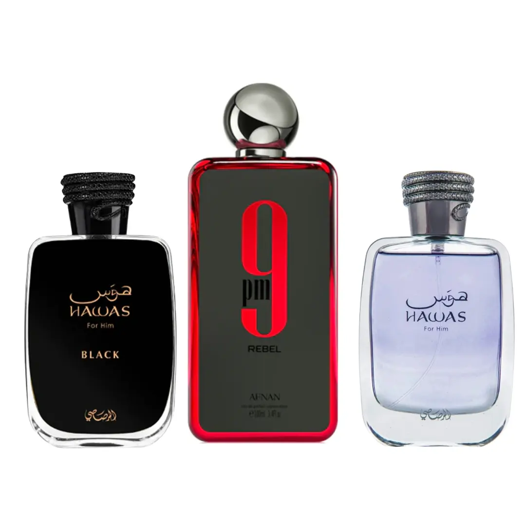 Lattafa Men's 3-Piece EDP Perfume Scent Gift Bundle - 9PM REBEL+, Hawas Black, Hawas by Rasasi, 3.4oz (100ML) Blueberry-Tinged, Suitable for Casual-Formal Use