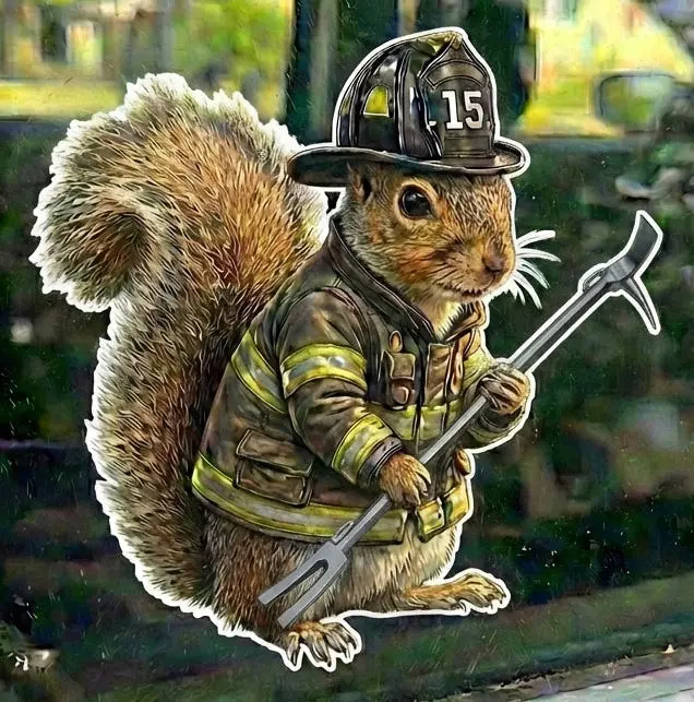 Reflective Vinyl Firefighter Squirrel Sticker - 3" Wide, 5-7 Year Outdoor Vinyl, Durable Car Exterior Accessory, Window Sticker for Helmet, Viral TikTok-Inspired Decal