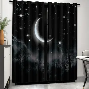 2 panels Galactic starry sky and dark forest blackout curtains, with a looped top for easy hanging, suitable for privacy protection in bedrooms, living rooms, kitchens, or party spaces, Window Curtain