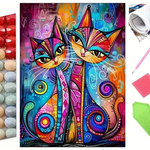 Vibrant Abstract Colorful Cats 5D Full Drill Diamond Painting Kit Bold Design with Shimmering Multicolor and Geometric Accents Pop Art Style DIY Wall Decor Ideal Gift For Cat Lover & Craft Enthusiasts