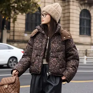Leopard Print Puffer Jacket Down Cotton Coat Women Short Thick Loose 2025 Winter Cotton Outerwear