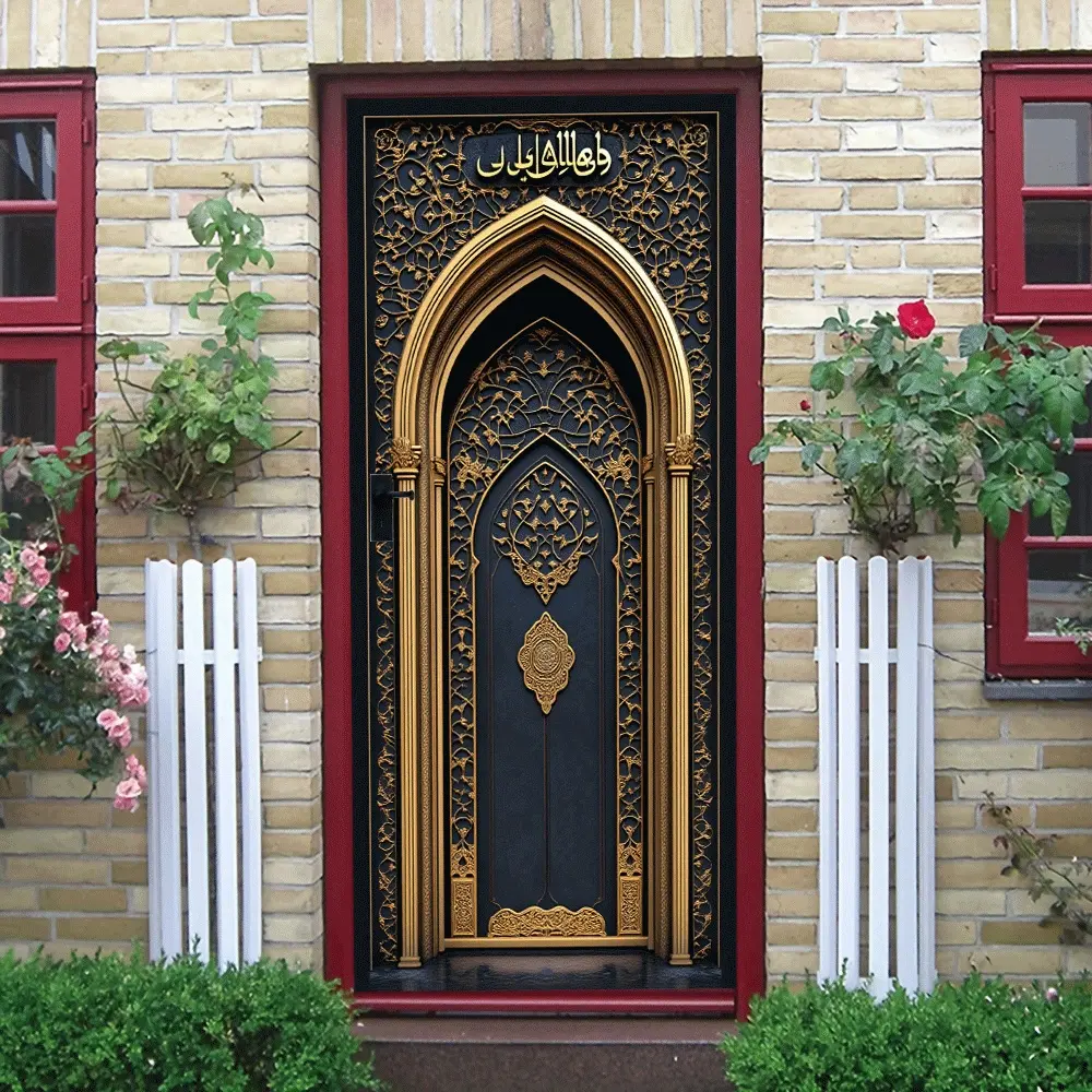 2pcs Islamic Style Decorative Door Wall Sticker Middle Eastern Arab Art Hollow Out Pattern Self Adhesive Wallpaper Living Room Background Wall Decoration Removable Waterproof PVC Material Gold Relief Ef