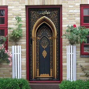2pcs Islamic Style Decorative Door Wall Sticker Middle Eastern Arab Art Hollow Out Pattern Self Adhesive Wallpaper Living Room Background Wall Decoration Removable Waterproof PVC Material Gold Relief Ef