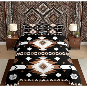 Bohemian Geometric Bedding Set Western Aztec Comforter Set for Kids Boys Girls Teens Vintage Themed Duvet Set Rustic Black Brown Quilt Set