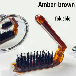 Amber Color Boar Bristle Comb Portable Folding Anti-Static Hair Brush for Men and Women, Travel Essential Hair Care Tool