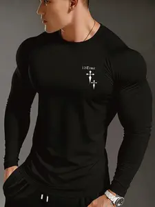 Men's Fitted Long Sleeve Tight Fit Shirt, 12time Cross Print, Dark Street Style, High Stretch Breathable Fabric, Gym Athletic Clothes, Breathable Material, Gym Training & Daily Wear
