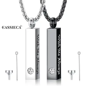 CASSIECA 2 Pcs Urn Necklace for Ashes for Men Women Keepsakes for Ashes Black Silver Stainless Steel Memorial Bar Pendant Necklaces for Ashes of Loved One Cremation Jewelry