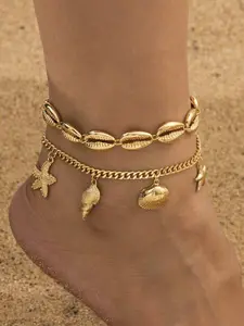 Women's Boho Style Layered Chain & Shell Anklet, Boho Vibes, Zinc Alloy Material, Ideal for All Seasons, Perfect Summer Accessory, Trendy Jewelry, Elegant Accessory