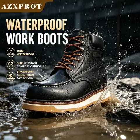 AZXPROT Men's Genuine Leather Ankle Boots - Lace-Up, Waterproof, Flat Heel, Round Toe, Rubber Non-Slip Sole, All-Weather Grip, Durable Construction Worker Style Footwear for Daily Wear, Riding