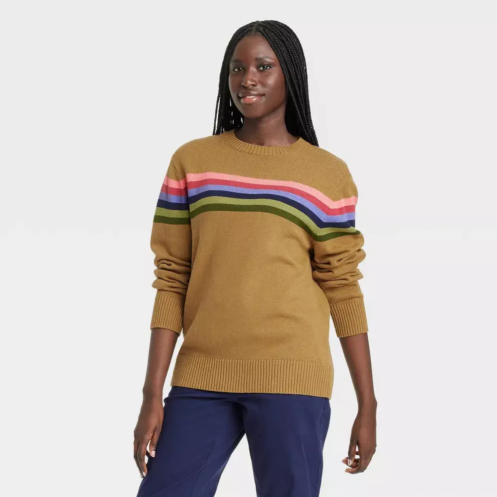 Houston White Adult Striped Crewneck Pullover Sweater, Jersey, Style, Fabric