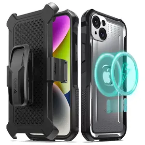 Vena vArmor Rugged Case for Apple iPhone 15 Plus, iPhone 14 Plus Military Grade Drop Protection with Belt Clip Holster Kickstand - Space Gray