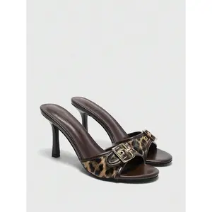 CUCCOO BIZCHIC Women's Brown Leopard Print & Gold Buckle Decor Retro Round Toe Comfortable High Heel Mule Sandals