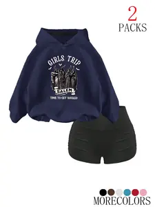 Women's Fall Winter Hooded Sweatshirt Set Tops, Casual Loose-Fit Thick Knit Fabric, Halloween Witch Print, Fashion Pocket Design, 2 Piece