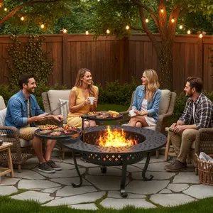 Royalcraft 43'' Fire Pit with 2 Grills, Outdoor Wood Burning Fireplace with Lid and Fire Poker, BBQ & Bonfire & Round Metal Table 3 in 1 for Patio, Backyard, Garden, Black