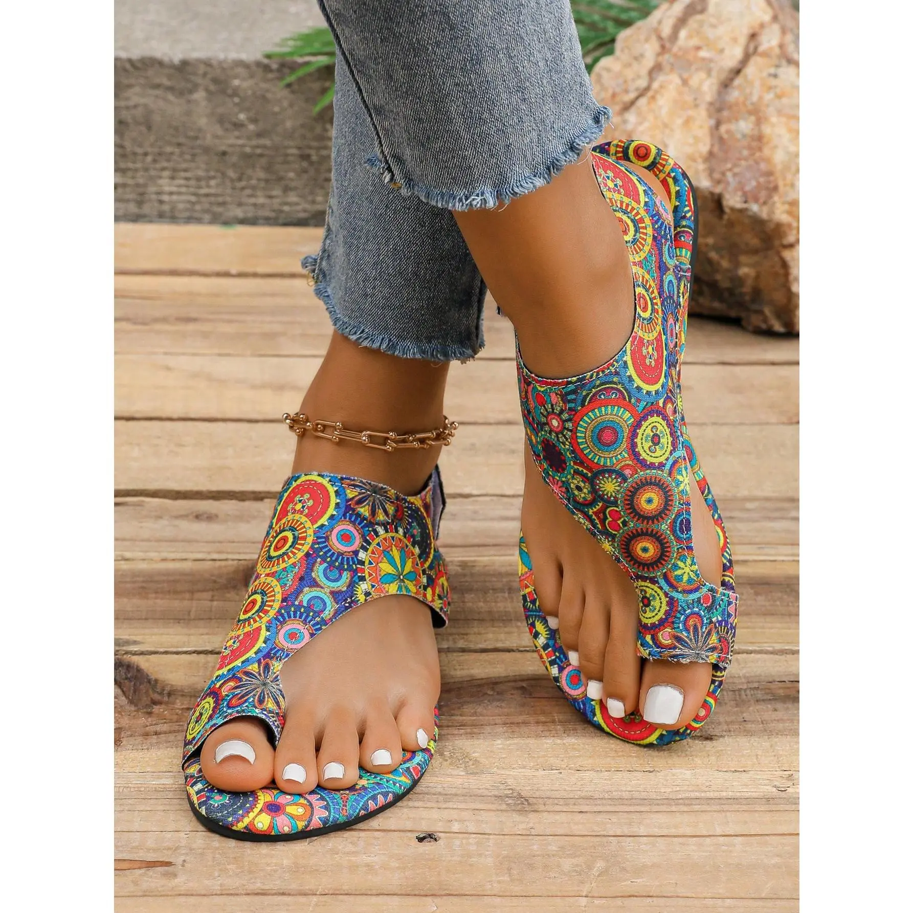 DealsForYouDays Women's Bohemian Style Hook-And-Loop Design Flat Sandals, European And American Fashion Casual Retro Flat Sandals, Comfortable Breathable For Travel Vacation Beach,Spring Summer Outfits