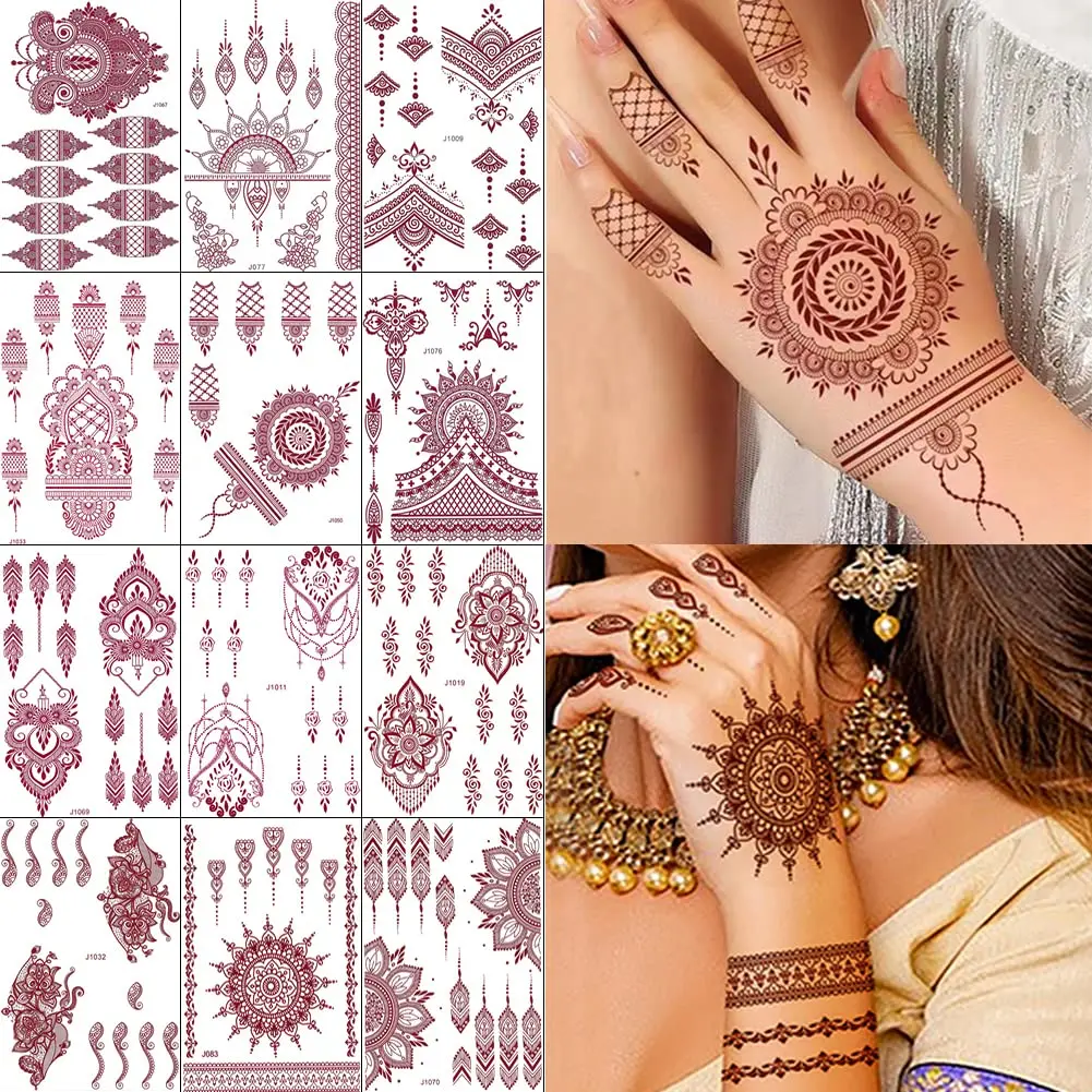 12 Sheets Brown Henna Tattoo Kit, Waterproof Henna Tattoo Stickers for Women Wedding Party Henna Stickers