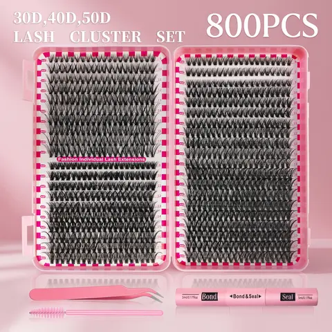 INMASIT DIY Lash Kit, 800 Fluffy Cluster Eyelash Extension Set with Storage, 30D-50D D Curl, 0.07-0.10 Thickness Black Dramatic Lashes for Daily Use (Beauty & Personal Care: False Eyelashes & Adhesives)