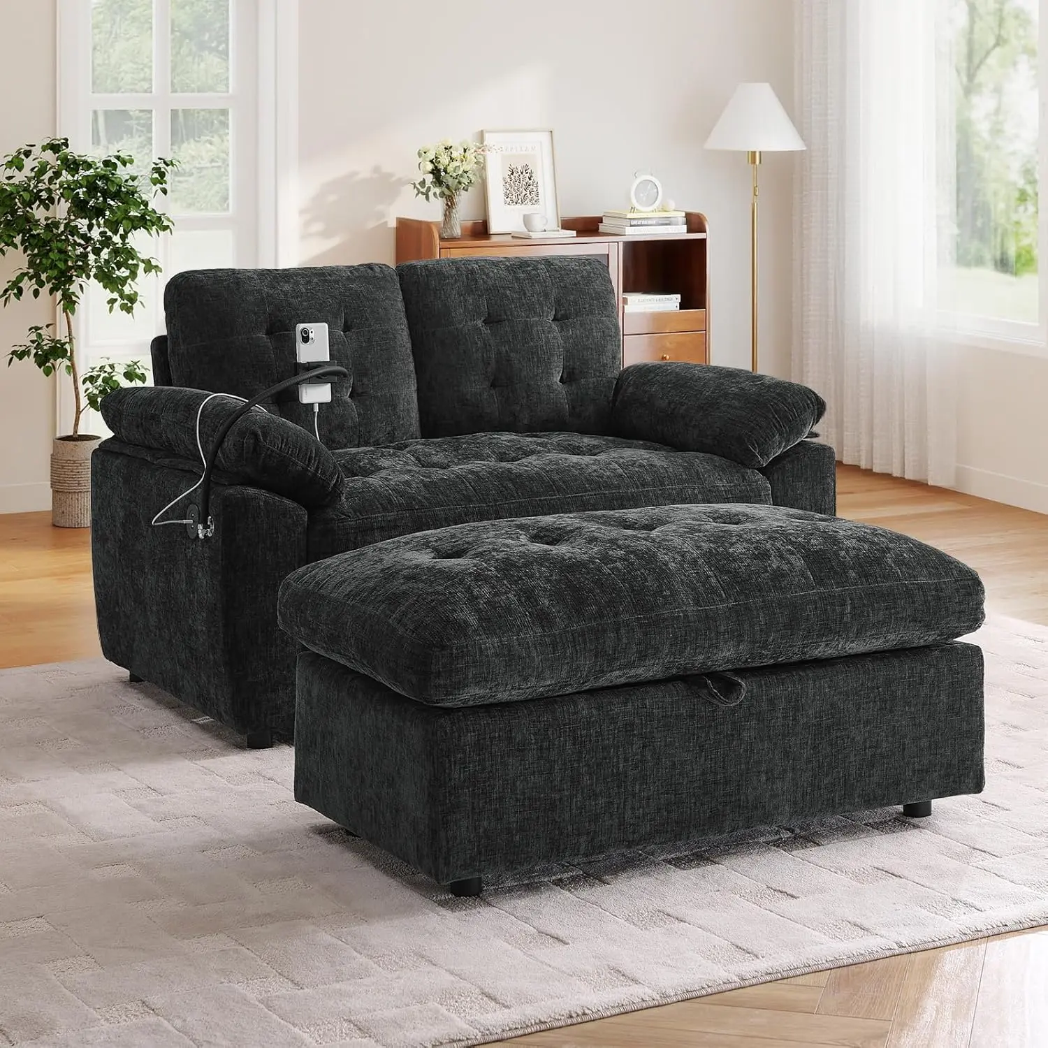 Oversized Chaise Lounge Chair Indoor with Ottoman&Adjustable Backrest,Chenille Tufted Recliner Comfy Loveseat Sofa Chair with USB&Phone Holder,Convertible Sleeper Couch Bed for Living Room(56"W,Black)