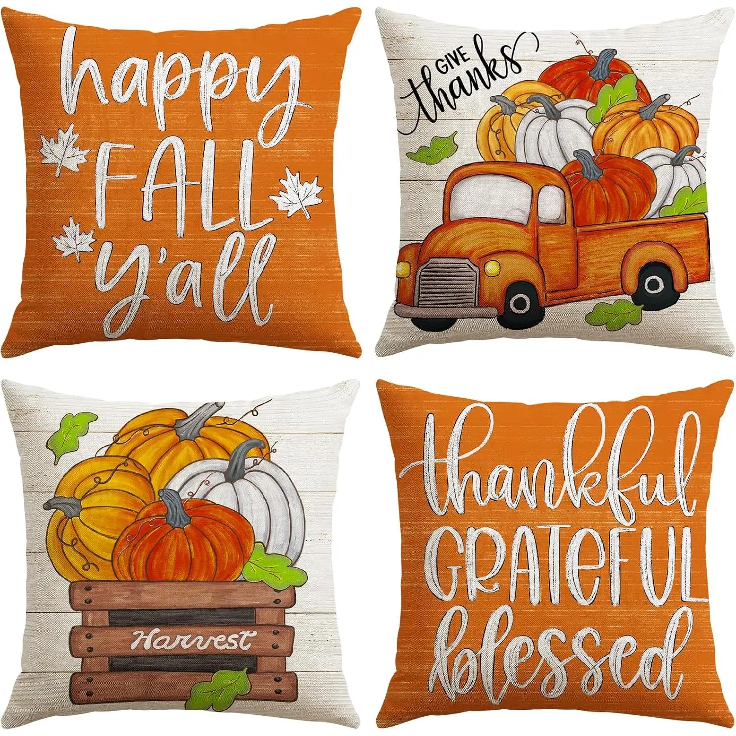 Fall Decorative Throw Pillow Covers 20x20 Inch Set of 4, Happy Fall Pumpkin  Thankful Grateful Blessed Outdoor Farmhouse Pillow Cases for  Sofa Couch-Orange