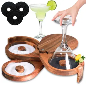 Margarita Salt Rimmer Set 3 Tier Acacia Wood Rimmer for Glass Rims Salt Sugar Lime Seasoning for Bloody Mary Manhattan Tequila Cocktail Drink Accessories for Bartender Bar With Sponges