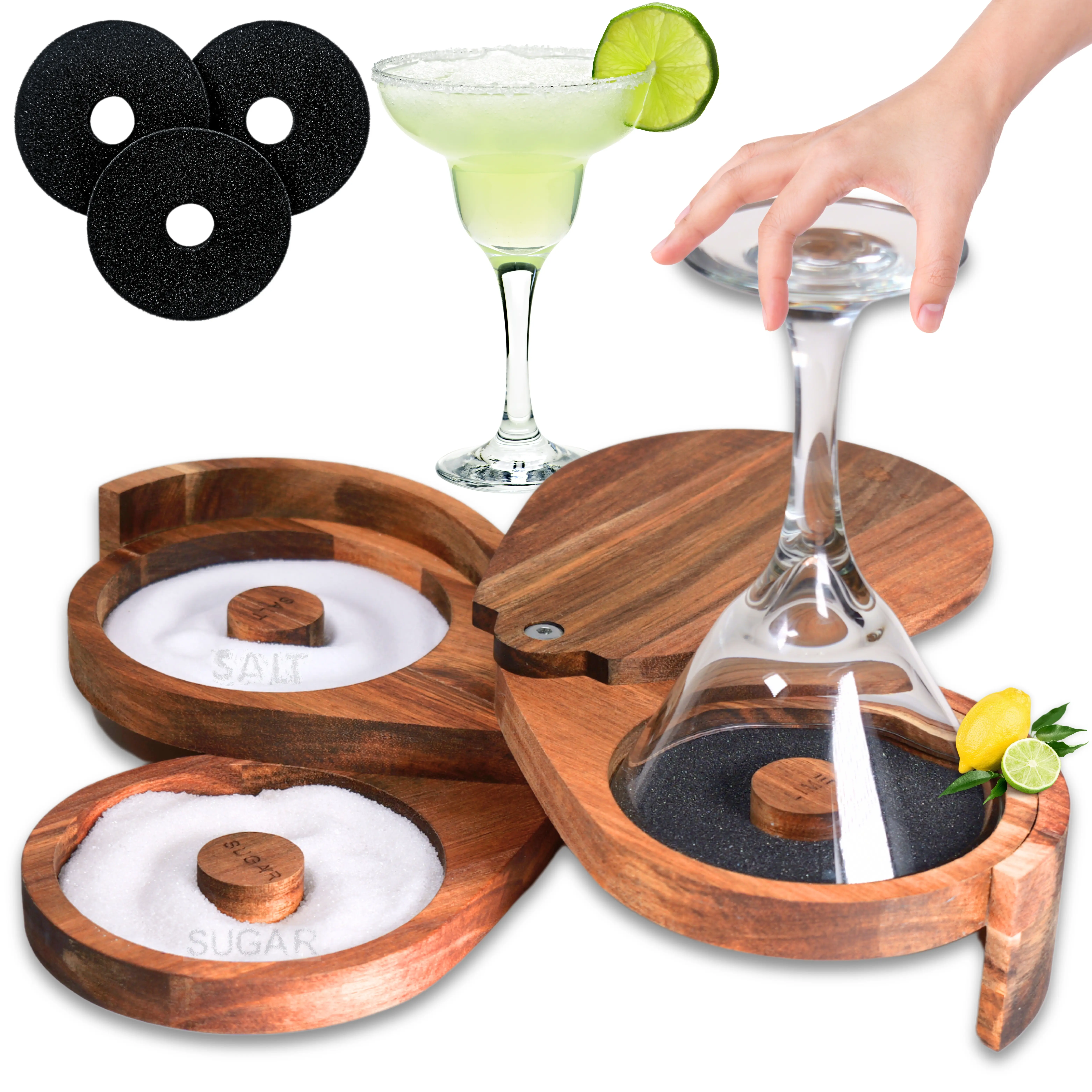 Margarita Salt Rimmer Set 3 Tier Acacia Wood Rimmer for Glass Rims Salt Sugar Lime Seasoning for Bloody Mary Manhattan Tequila Cocktail Drink Accessories for Bartender Bar With Sponges