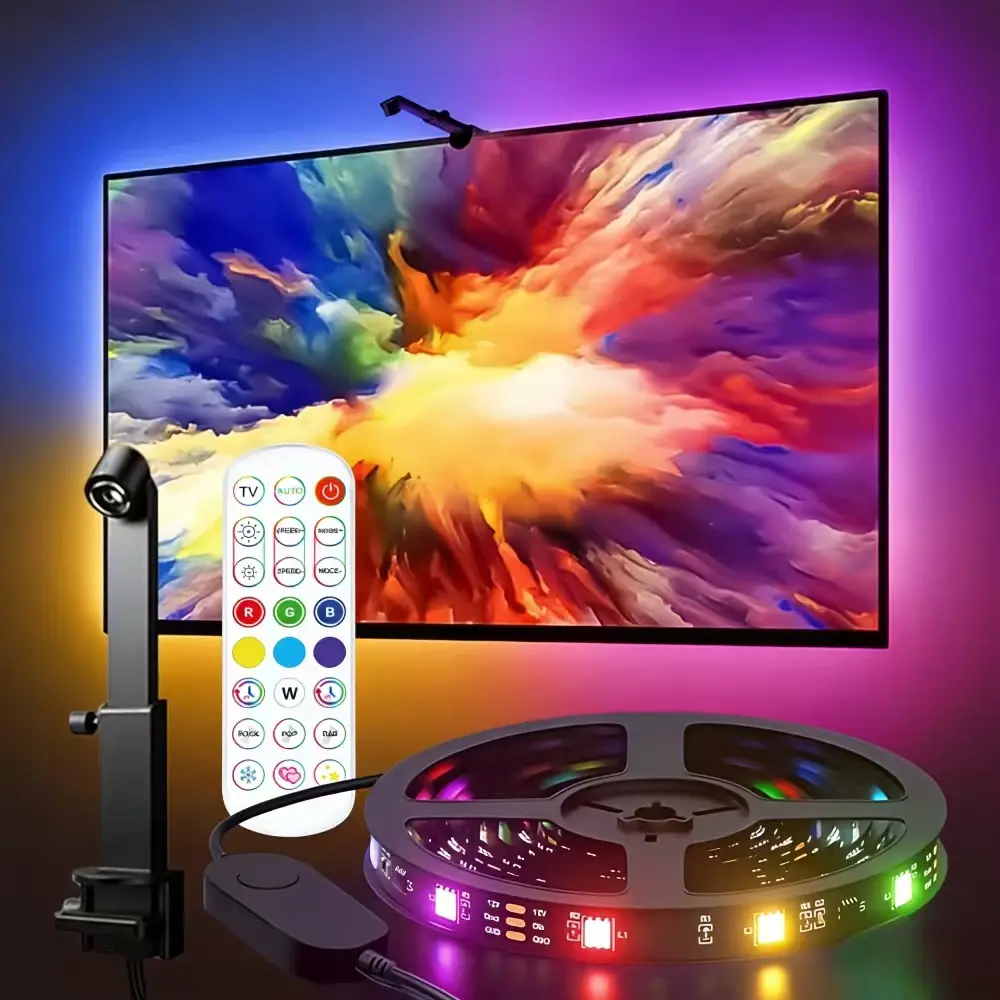 RGBIC LED TV Backlight Strip, 4-5M Screen Sync Ambient Light with Sensor and 24-Key Remote Control, Color Changing LED Animation Light for 32-85 Inch TV Gaming Monitor PC Setup, Cyberpunk Room Decor for Gaming Keyboard Mouse Decor