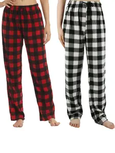 Women's Plaid Print Polar Fleece Pajama Pants, Comfy Tie Front Elastic Waist Sleep Trousers, Lady's Sleepwear & Loungewear, Casual Comfy Pajama