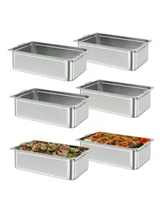 silver- 6 Pack Full Size Food Pans, 6 Inch Deep Commercial Catering Hotel Pan, NSF Certified, Stainless Steel Anti-Jamming Steam Table Pan,Handle + No Lid Sturdy Kitchen