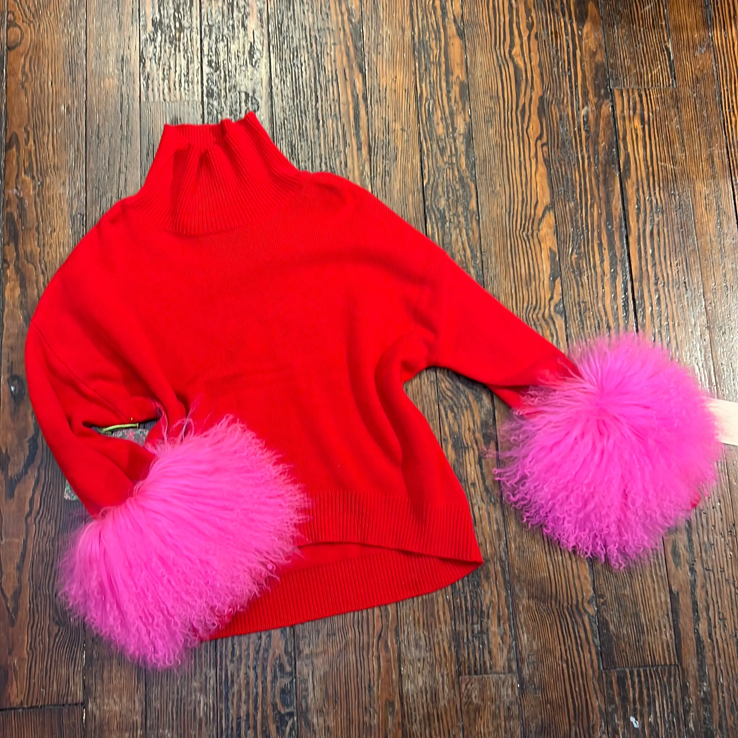 Women's Pink Mongolian Fur Cuff Turtleneck Sweater - Knitwear - Womenswear