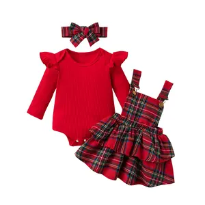 My First Baby Christmas Dresses Newborn Reindeer Suspender Tartan Skirt Long Sleeve Sweatshrit Romper Onesie Bodysuit with Headband