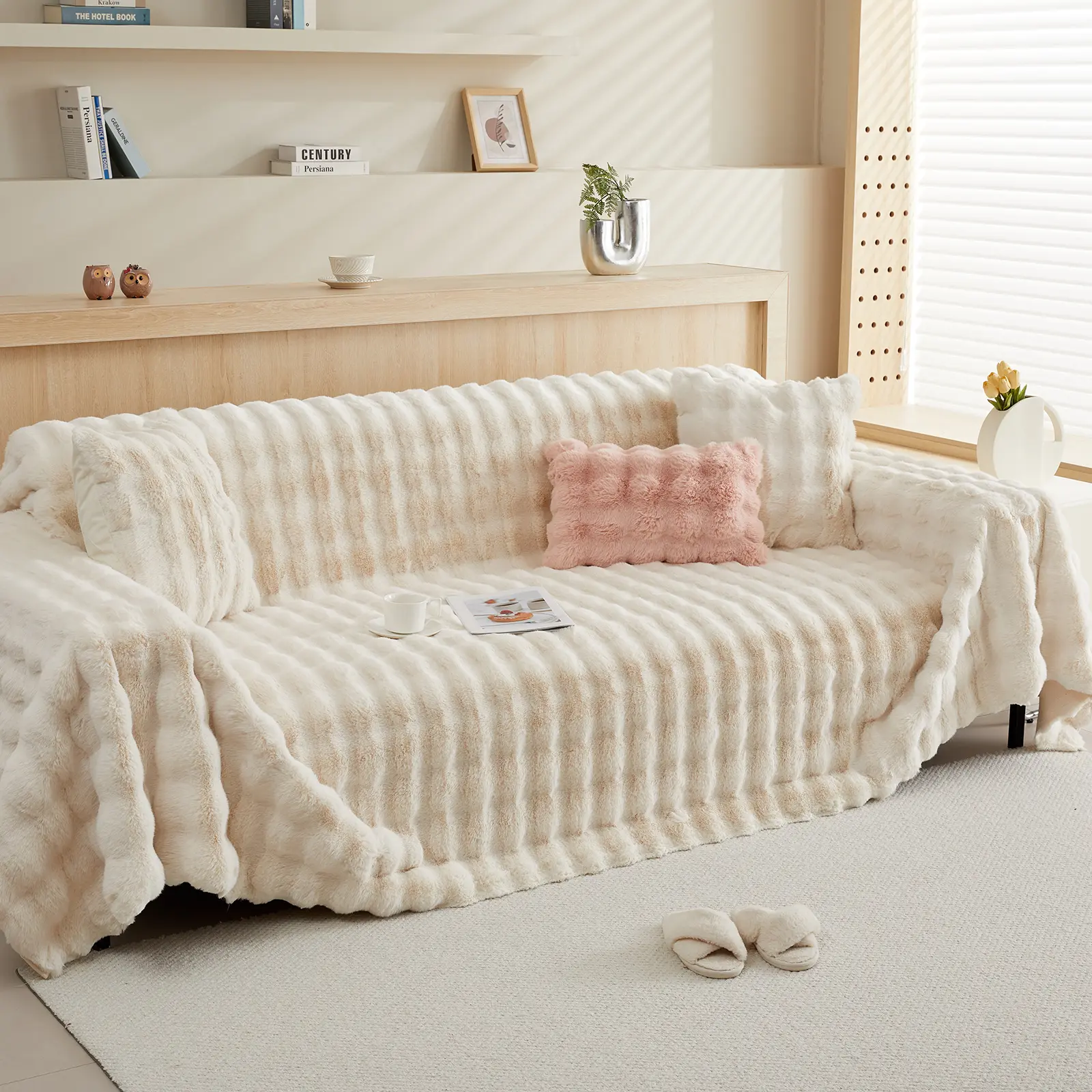 BTTO Shaggy Fur Sofa Blanket Cover Soft Rabbit Fur Thick Sofa Slipcover Chairs Sofas Bed Cover Bedroom Winter Warm Living Room, Sofa Cushion Cover, Soft Sofa Protector