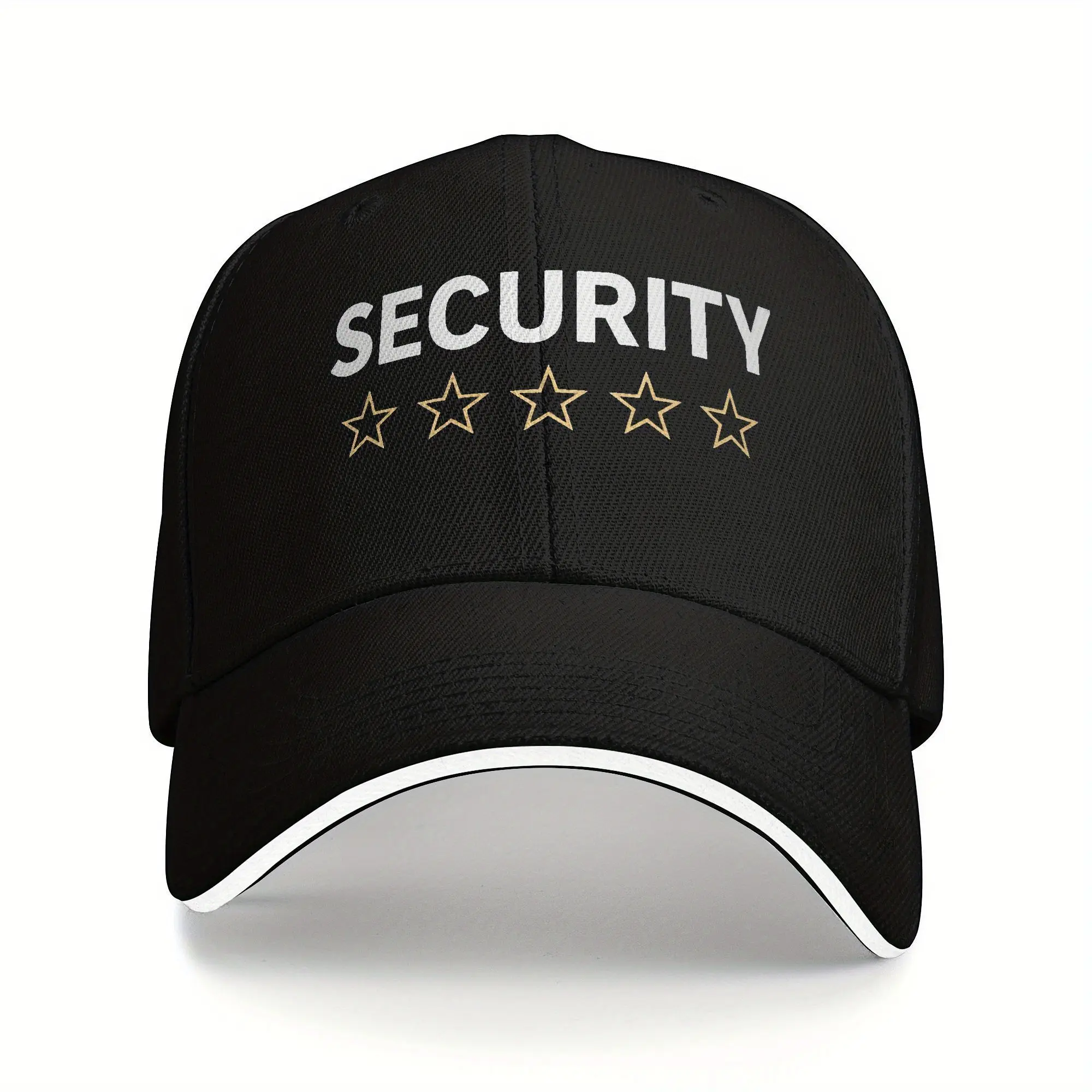 Security Stars Embroidery Adjustable Snapback Baseball Cap - Golden Accents, Polyester Casual Headwear, One Size for Everyday Wear
