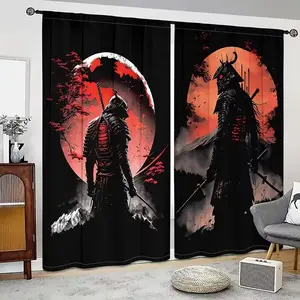 Japanese Samurai Print Curtains Set, Fashionable Rod Pocket Window Drapes for Bedroom & Living Room, Comfortable Atmosphere, Easy Installation
