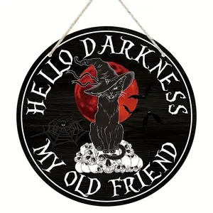 ,RoundWoodenHelloDarknessMyOldFriendSign,HalloweenGothicBlackCat&WitchDoorPlaque,ClassicStyle,FestiveHomeEntrywayWallDecor
