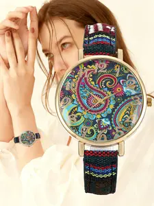 Women's Quartz Watch, Boho Style Floral Pattern Dial, Zinc Alloy Case & Leather Strap, Analog Display, All-Season Accessory