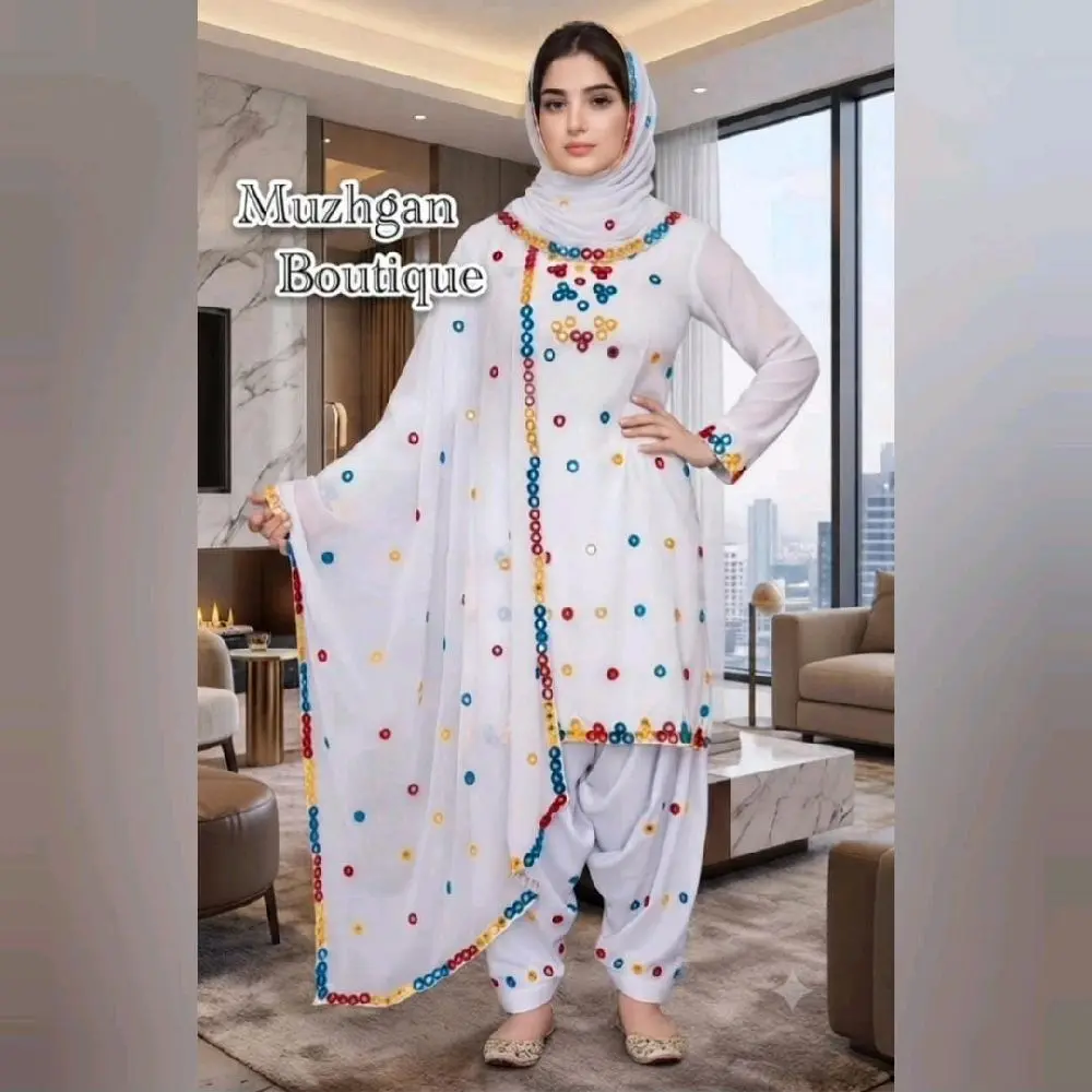 Afghan Traditional White Dress with Mirror-Work