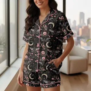 Mystical Moth Night Garden Satin Pajama Set, Witchy Floral set, Halloween Magic Sleepwear, Dark Cottagecore Women's Loungewear