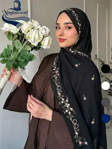 Women's Muslim Hijab Scarf, Embroidered Floral Design, Soft Silk Fabric, Stylish & Comfortable Headscarf for Women