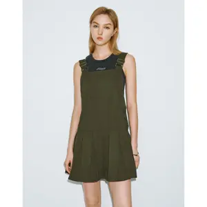 URBAN REVIVO Women's 2026 Viral Pleated Shell A-Line Dress - Polyester-Cotton Fabric, Sleeveless, Square-Cut Collar, Medium Stretch, Hip-Flattering Plisse Casual Dress, Collared Casual Clothes with Style
