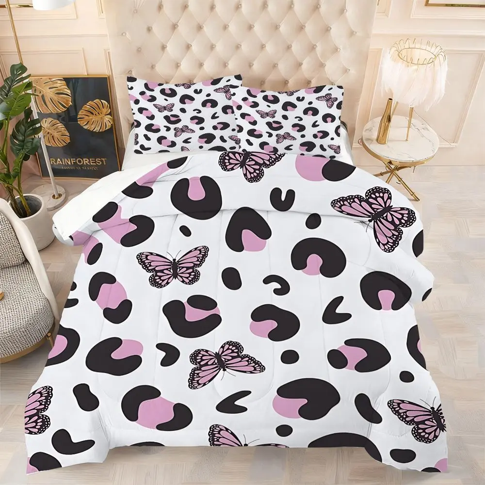 2/3Pcs Chic Pink & Black Leopard Print Comforter Set, Stylish Butterfly Bedding Set, Eye-Catching Whimsical Design, Perfect for Trendy Bedroom Decor, Soft & Cozy Quilted Comforter for All Seasons 1 or 2 Pillowcase No Pillow Core