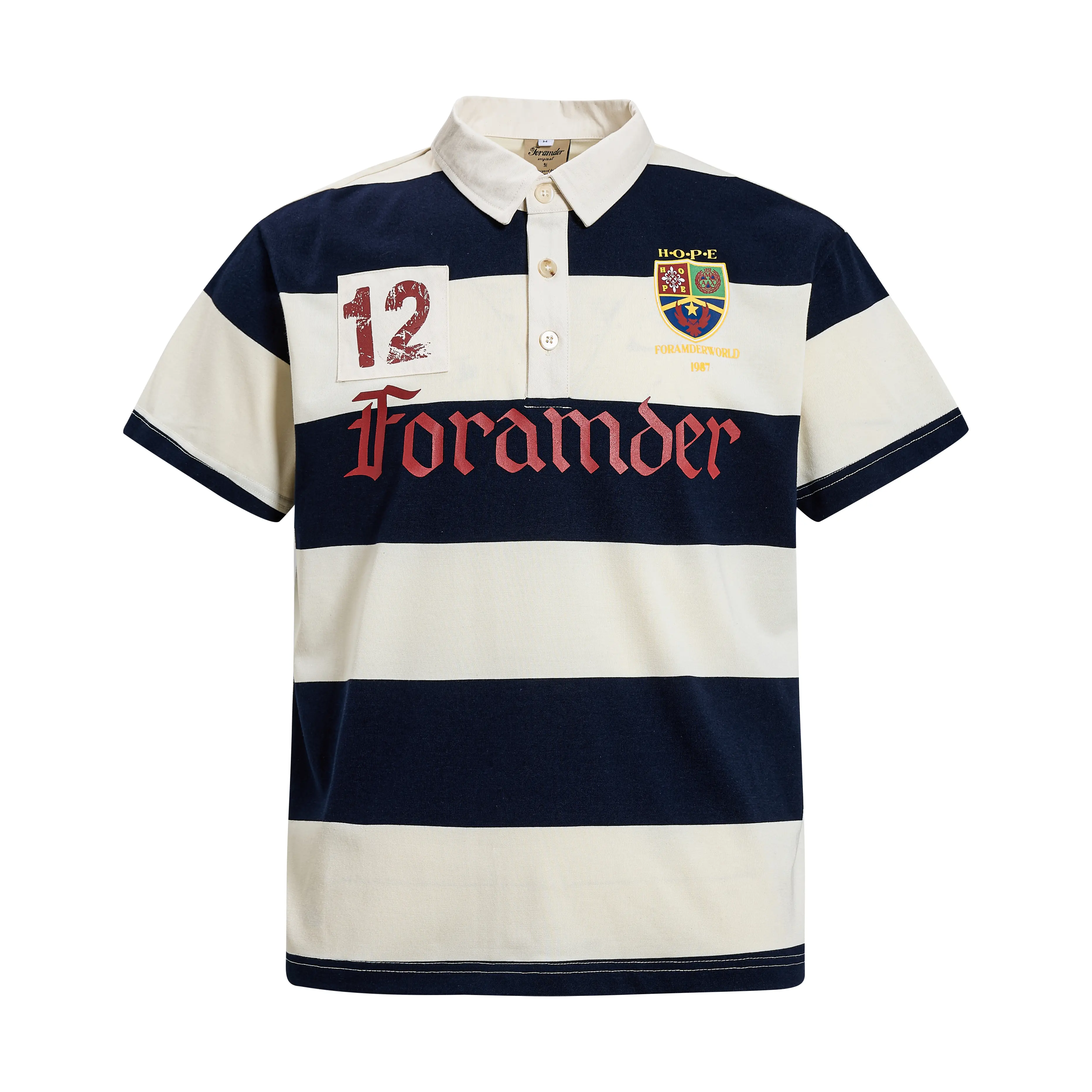 inflation Men's Loose-Fit Striped Rugby Polo Shirt, Stylish Short-Sleeve Streetwear Top with Emblem and Number 12 Patch, Shortsleeve, Sports, Menswear, Streetwear Clothing, Baggy, Print, Bright Striped Men's Short-Sleeve T-Shirts