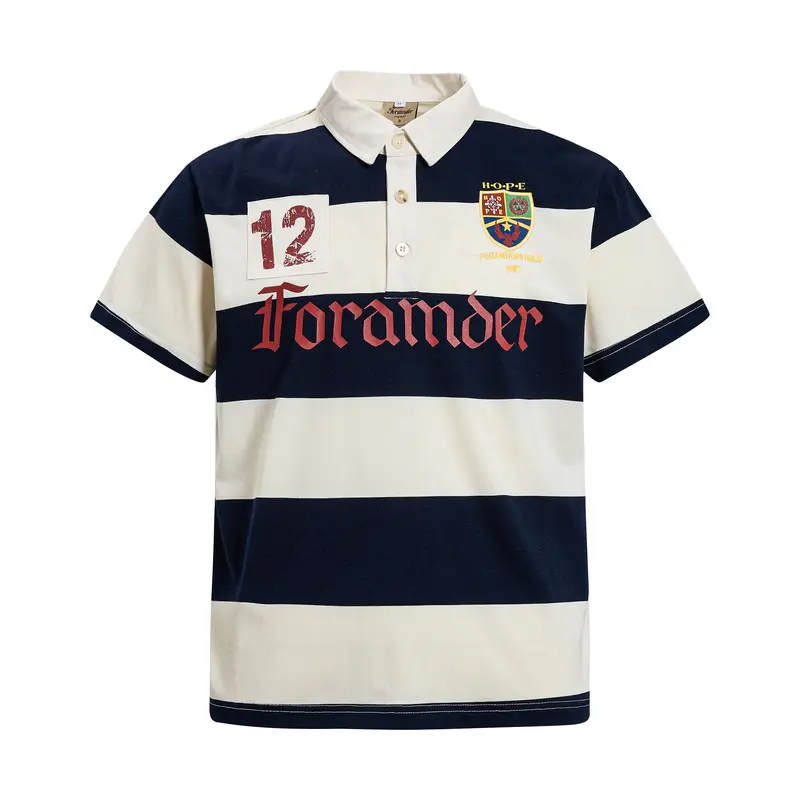 inflation Men's Striped Print Rugby Polo Shirt - Baggy Oversized Loose-Fit Short-Sleeve Crew Neck, 12 Patch Identity, Emblem, Embroidered Logo, Sports Streetwear Clothing, Casual Chic Menswear Top
