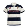 inflation Men's Striped Print Rugby Polo Shirt - Baggy Oversized Loose-Fit Short-Sleeve Crew Neck, 12 Patch Identity, Emblem, Embroidered Logo, Sports Streetwear Clothing, Casual Chic Menswear Top
