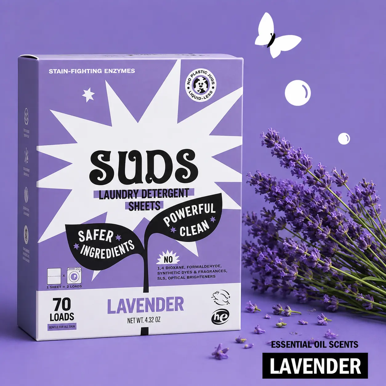 Laundry Detergent Sheets, 70 Loads, Lavender Scent, Bio-Enzyme Stain Remover, Plastic-Free & Travel-Friendly