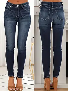 Women's Vintage American Style Washed Denim Jeans, Slim Fit Ripped Design, Casual Fashion Pants for Women Daily Wear &