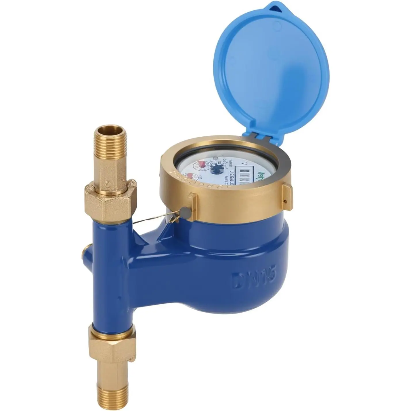 DN15 Vertical Water Meter with 1/2" NPT Couplings, Heavy Brass Cold Water Meter Measuring in Gallon, for Garden or Factory, Multi-Jet Vertical Install(No )