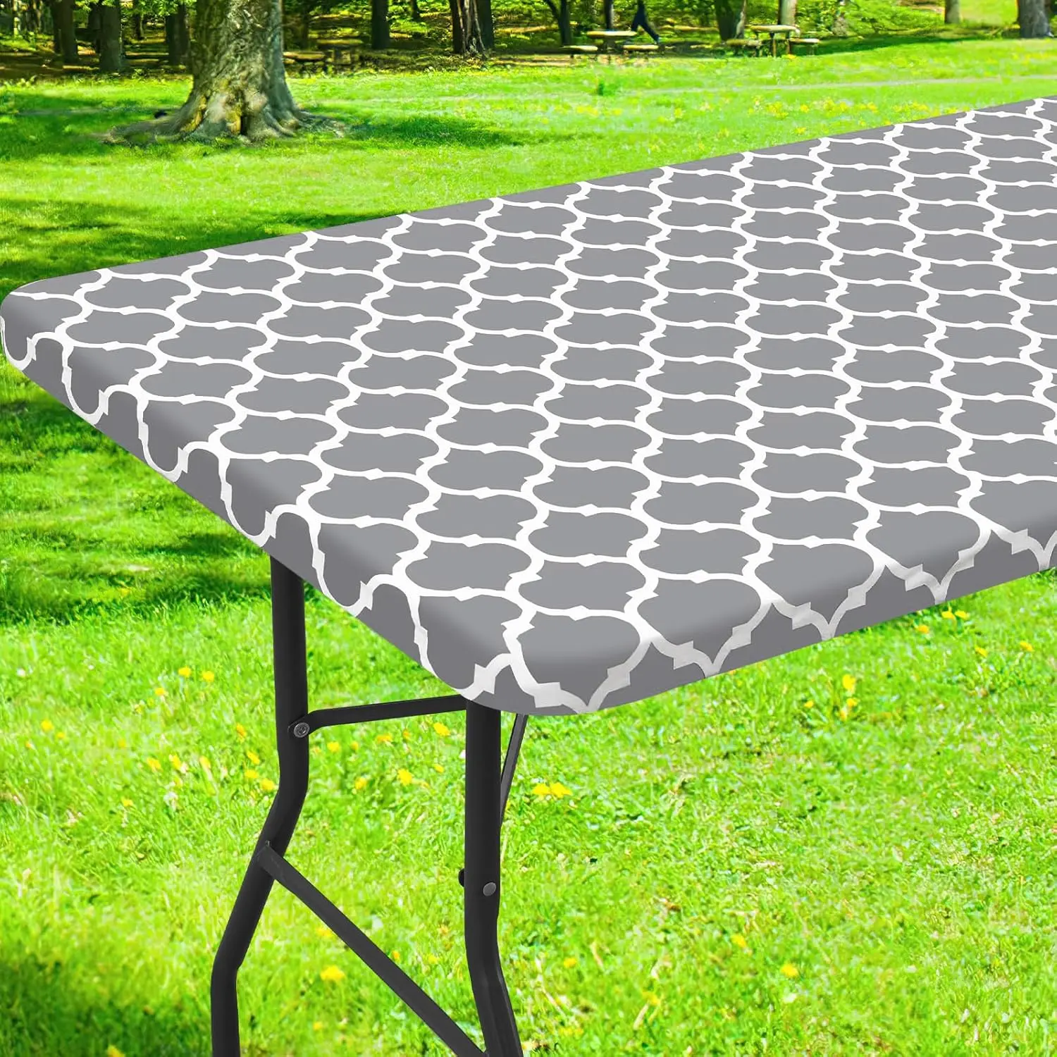 Rectangle Picnic Table Cloth, Waterproof Elastic Fitted Camping Tablecloths for 6 Foot Tables, Wipeable Flannel Backed Vinyl Tablecloth for Camping, Indoor & Outdoor (Grey, 30x72 Inches)