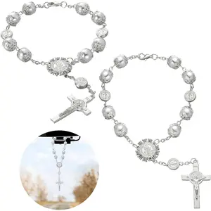2 Pcs Rearview Mirror Rosary Hanging Personalized Car Cross Blessing Catholic Medal for Truck, Bike, Motorcycle Auto Rosary Blessing Silver