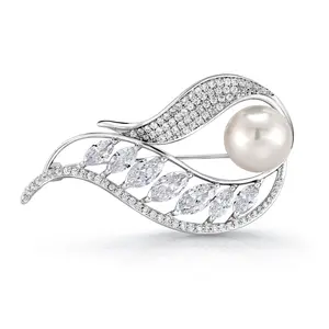 Marquise AAA Cubic Zirconia Rhodium Plated Leaf Pearl Brooch, Leaf Brooch, Cz And Pearl Brooch