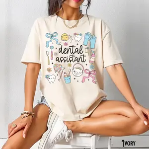 Dental Assistant Shirt, Dental Assisting Tee, Comfort Colors, Dentist Office, Teeth, Whimsical, Retro, Doodle, Coquette, Graduation Gift Cotton Knit